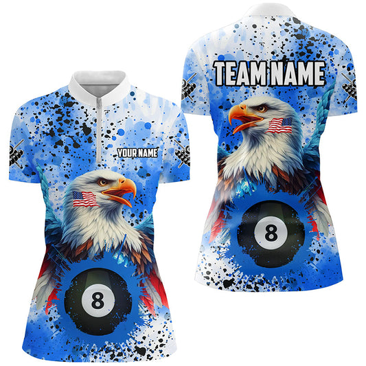 Blue Grunge Billiard Ball 8 Eagle Custom American Flag Women Billiard Shirts, Patriotic Pool Jerseys TDM1896