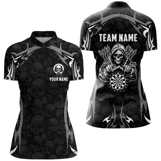 Black Grey Grim Reaper Skull Pattern Custom Darts Shirts For Women, Darts Team Jerseys TDM2594