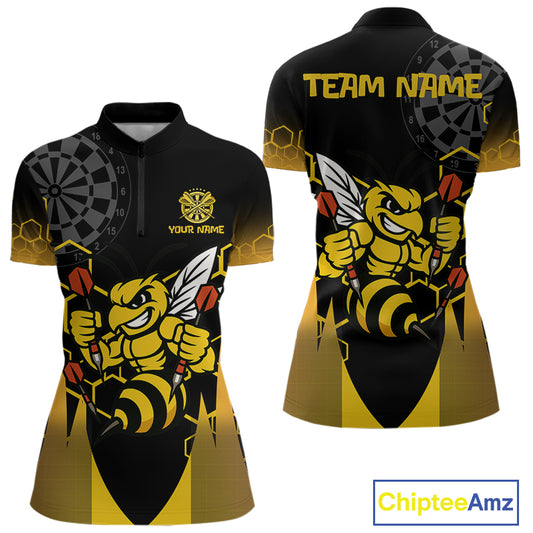 Personalized Yellow Black Funny Bee Darts Shirt For Women Custom Darts Jersey Outfit Polo & 1/4 Zip TDM4681