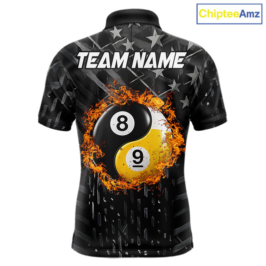 Black billiard polo shirt for men with distressed silver star background, featuring a flaming yin-yang 8-ball and 9-ball graphic on the back, customizable "Team Name" text, and personalized "Your Name" detail on the front chest.
