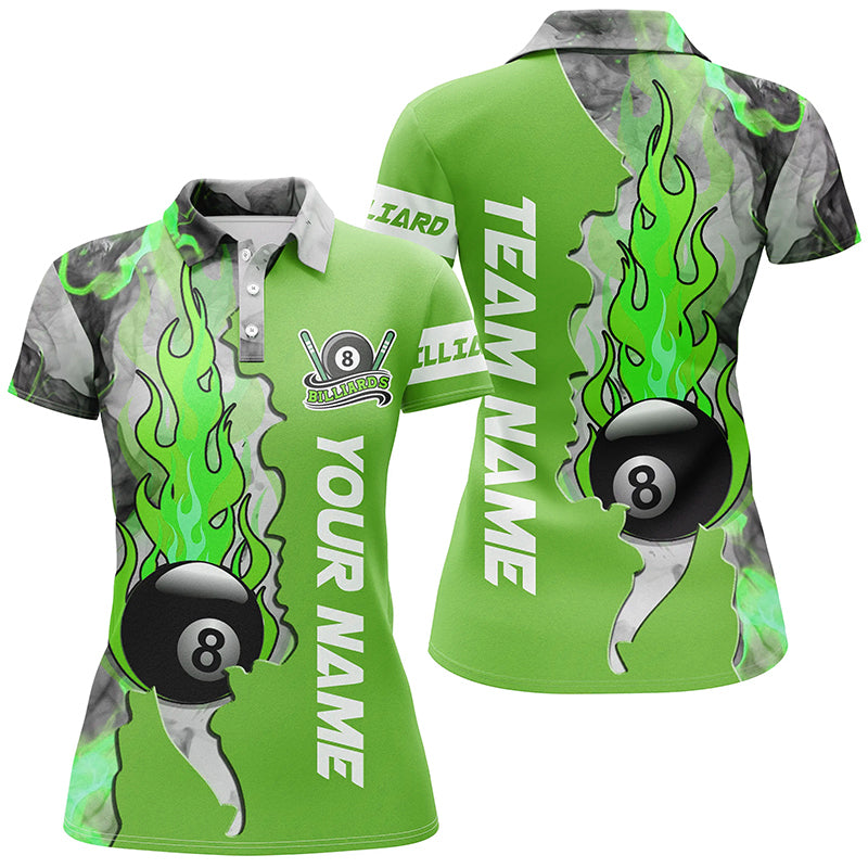 Personalized 8 Ball Fire Smoke Billiard Women's Shirts Green Version Custom Pool Team Polo Shirts TDM0442