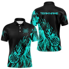Load image into Gallery viewer, Black And Turquoise Fire Flame Darts Polo & Quarter Zip Custom Dart Shirt For Men Dart Jerseys TDM3341