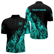 Load image into Gallery viewer, Black And Turquoise Fire Flame Darts Polo & Quarter Zip Custom Dart Shirt For Men Dart Jerseys TDM3341