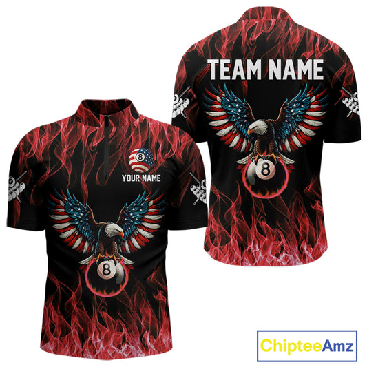 Red Flaming American Flag Eagle 8 Ball Billiard Shirt For Men Custom Patriotic Pool Team Jersey TDM5587