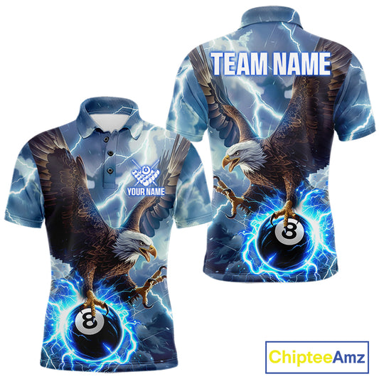Custom blue thunder eagle pool jersey for men with bold billiard team artwork.