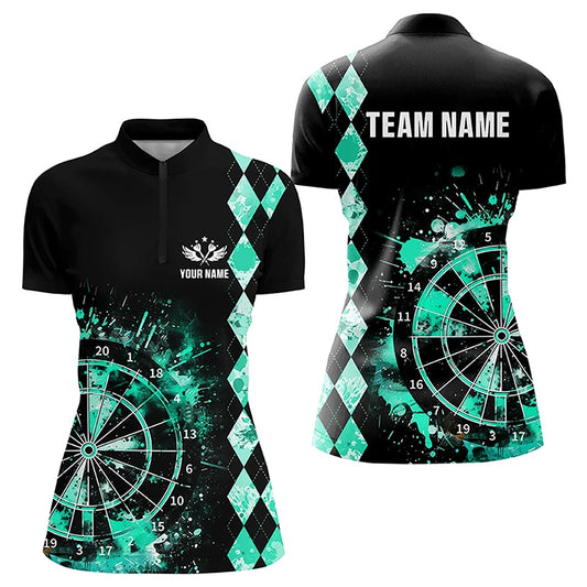 Custom Turquoise Grunge Dartboard Argyle Pattern Dart Shirts For Women, Best Darts Team Jerseys TDM3343