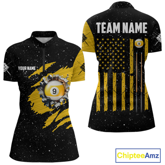 Yellow Black Grunge American Flag 9 Ball Women's Billiard Shirt Custom 9 Ball Pool Team Jersey TDM5599