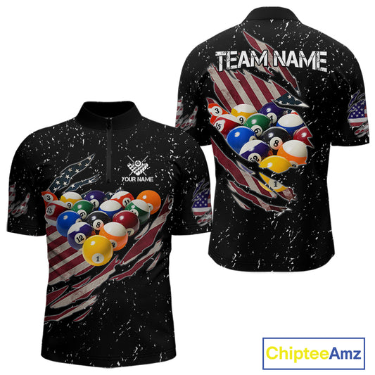Patriotic American Flag Grunge Billiard Jersey For Men Custom Billiard Shirt Polo & 1/4 Zip |Black TDM3820