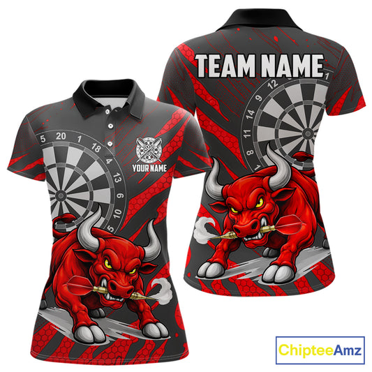 Black And Red Funny Bull Darts Shirt For Women Custom Darts Team Jersey Polo & Quarter Zip Shirt TDM6237
