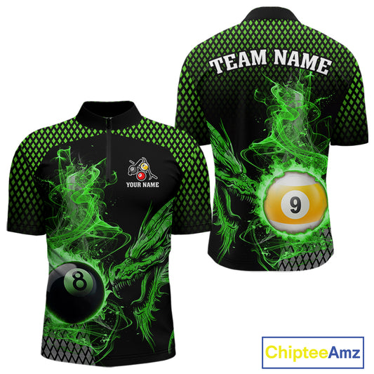 Green 8 Ball & 9 Ball Flame Smoke Custom Dragon Billiard Shirts For Men, Billiard Team Jersey TDM5631