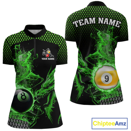 Green 8 Ball & 9 Ball Flame Smoke Custom Dragon Billiard Shirts For Women, Billiard Team Jersey TDM5631