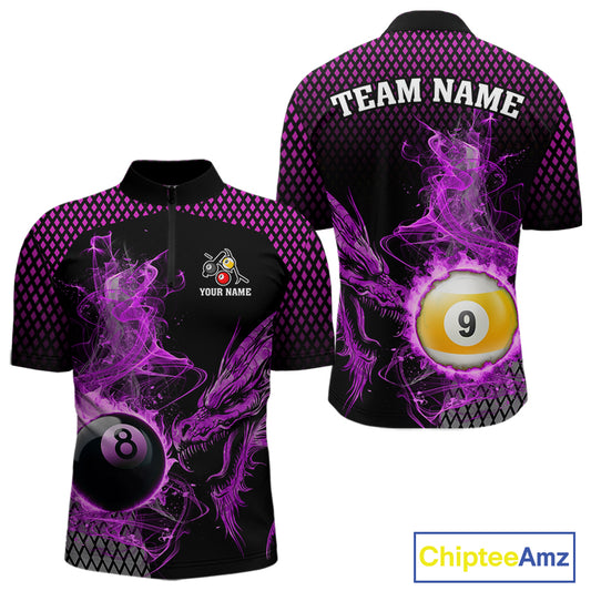 Purple 8 Ball & 9 Ball Flame Smoke Custom Dragon Billiard Shirts For Men, Billiard Team Jersey TDM5632