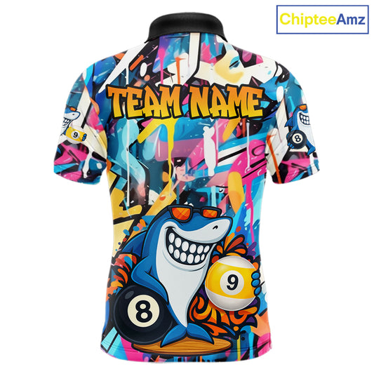 Funny Shark Colorful Graffiti Style Custom 8 & 9 Ball Billiard Shirt For Men, Billiard Team Jersey TDM5852