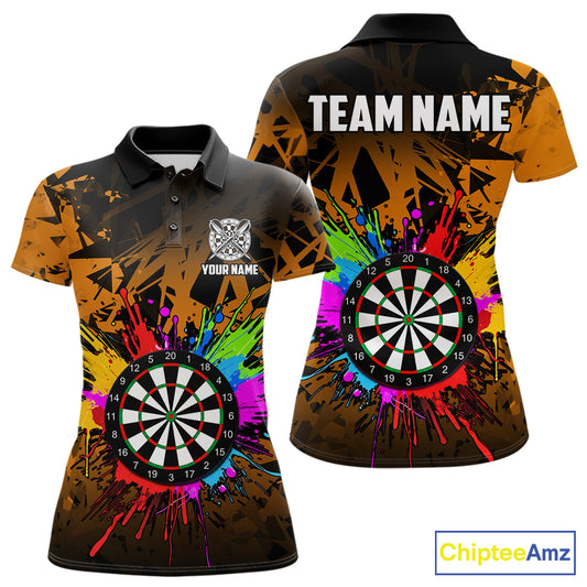 Orange darts polo shirt for women with dartboard pattern and vibrant custom team design.