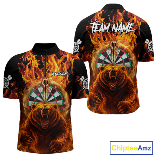 Personalized Orange Flaming Bear Darts Shirt For Men Custom Fire Darts Jersey Team Polo & 1/4 Zip TDM4730