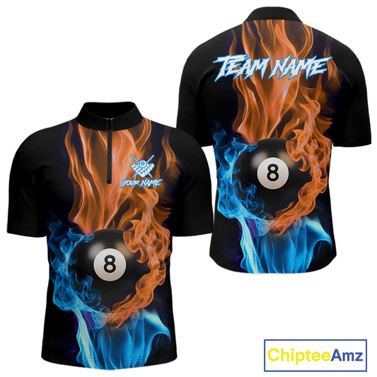 Blue And Orange Flaming Smoke 8 Ball Men's Billiard Shirt, Pool Team Shirts Custom Billiard Jersey TDM5142
