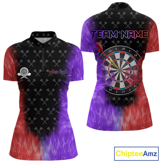 Red And Purple Flame Womens Dart Shirts Custom Dart Jersey Polo & 1/4 Zip, Gifts For Dart Players TDM5146