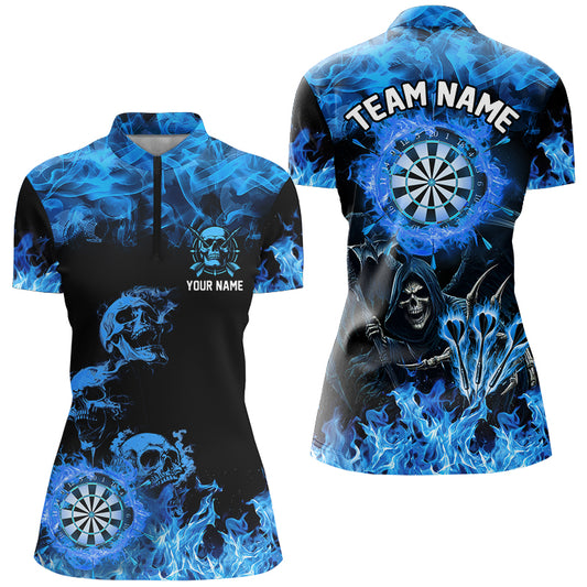 Fire Flame Darts Board Custom Skull Dart Shirts For Women, Grim Reaper Dart Jerseys | Blue TDM2903