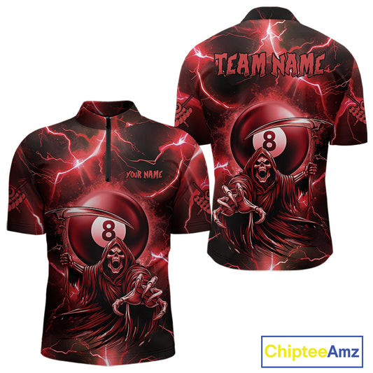 Red Grim Reaper 8 Ball Billiard Shirt For Men Custom Funny Thunder Lightning Pool Team Jersey TDM4935