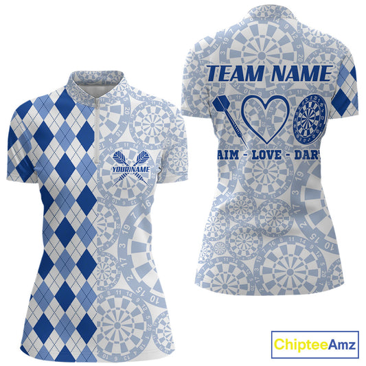 Aim Love Darts Custom Blue Argyle Women Darts Polo & 1/4 Shirts, Funny Darts Shirts Dart Team Jersey TDM5663