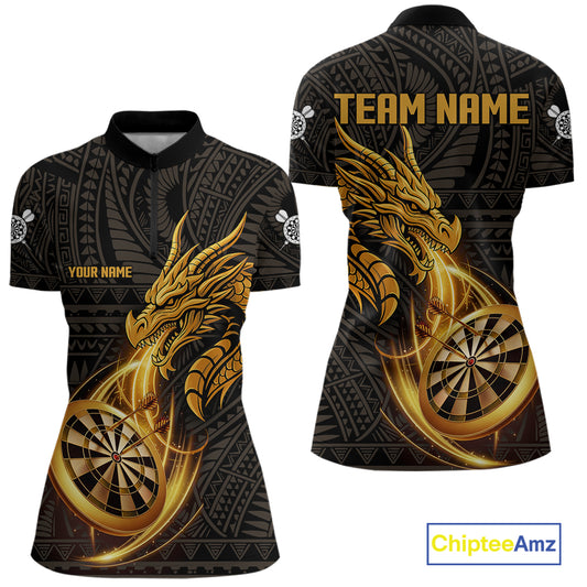 Black And Golden Custom Tribal Dragon Darts Shirt For Women, Darts Team Jersey Polo & Quarter Zip TDM5390