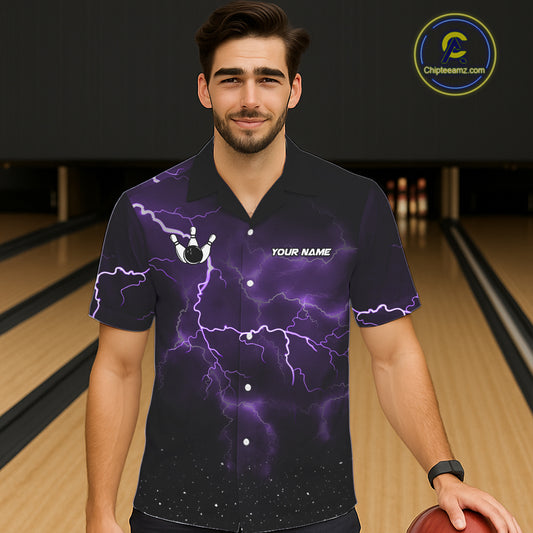 Purple Funny Thunder Lightning Tornado Bowling Hawaiian Shirt Custom Bowling Jersey Team Men & Women TDM5394