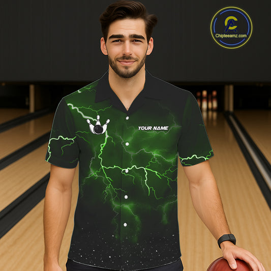 Green Funny Thunder Lightning Tornado Bowling Hawaiian Shirt Custom Bowling Jersey Team Men & Women TDM5395