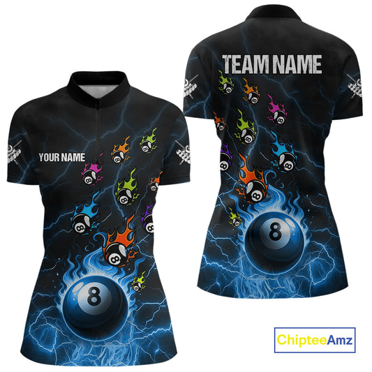 Personalized Funny Colorful Fire Flame 8 Ball Billiard Shirt For Women Custom Pool Team Jersey |Blue TDM4967