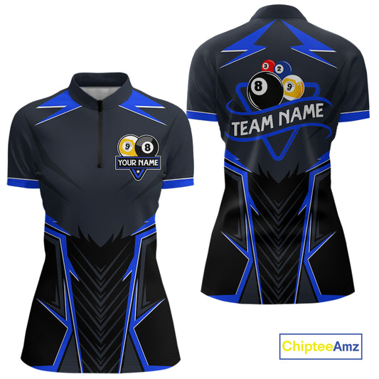 Billiard Jersey For Women Custom Polo & 1/4 Zip Billiard Team Shirt, 8 Ball & 9 Ball Pool Shirt|Blue TDM4329
