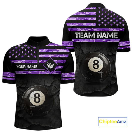 Customized Retro 8 Ball Pool Purple Camo US Flag Billiard Shirt For Men, Patriotic Billiard Jersey TDM4331