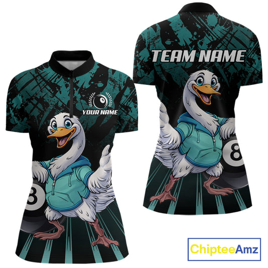 Black And Teal Grunge 8 Ball Pool Billiard Shirt For Women Custom Funny Duck Pool Team Jersey NYN3012