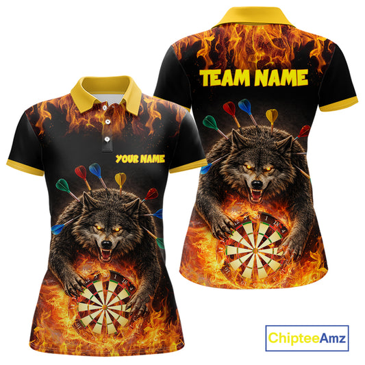 Personalized Fire Flame Wolf Darts Shirt For Women Custom Darts Jersey Team Polo & Quarter Zip TDM6314