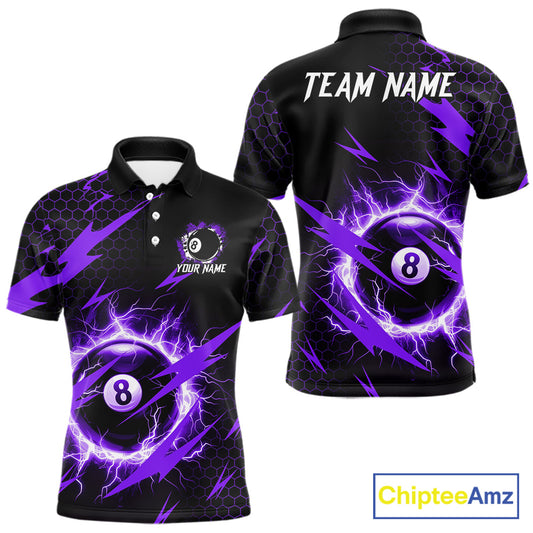 Purple 8 ball thunder lightning billiard polo shirt for men with custom team graphics.
