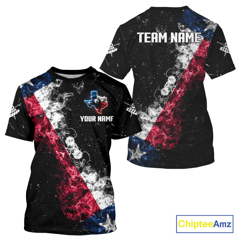 Personalized Grunge Texas Flag Smoke Billiard T-Shirt For Men Custom Patriotic Texas Pool Team Jersey TDM3193
