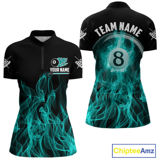 Turquoise Flaming 8 Ball Billiard Polo & 1/4 Zip For Women Custom Billiard Jersey, Pool Team Shirts TDM5433