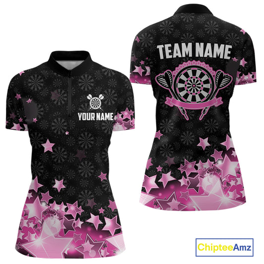 Funny Custom Dart Shirt For Women, Pink Black Glowing Star Pattern Darts Polo & Quarter Zip TDM3885