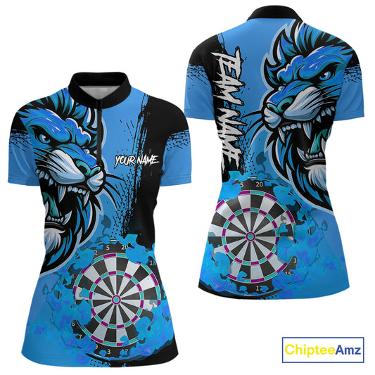 Blue Funny Darts Flame Lion Custom Polo & Quarter-Zip, Personalized Women Dart Shirts Dart Jerseys TDM3974