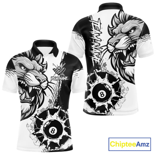 Black And White Funny Lion Billiard Shirt For Men Custom 8 Ball Pool Team Jersey Polo & 1/4 Zip TDM6321