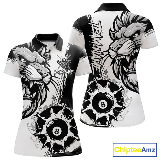 Black And White Funny Lion Billiard Shirt For Women Custom 8 Ball Pool Team Jersey Polo & 1/4 Zip TDM6321