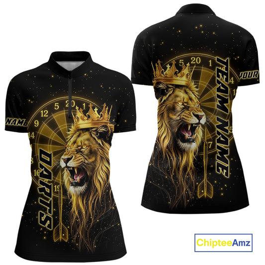 Black And Golden Funny Lion Crown Darts Shirt For Women Custom Darts League Jersey Polo & 1/4 Zip TDM5000