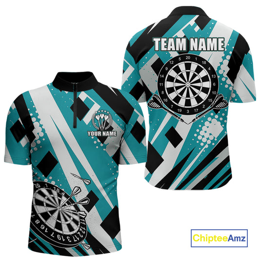 Custom Turquoise Geometric Darts Polo & Quarter Zip For Men, Darts Team Jersey Outfit TDM5027