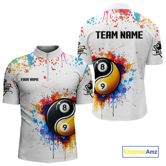 Funny Yin Yang 8 Ball & 9 Ball Colorful Splash Custom Men's Billiard Shirts, Pool Jerseys|White TDM4018