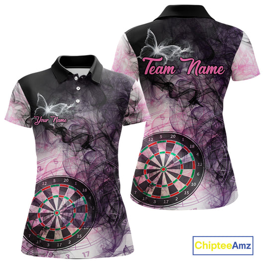 Pink butterfly smoke darts polo shirt for women with custom darts team graphics.