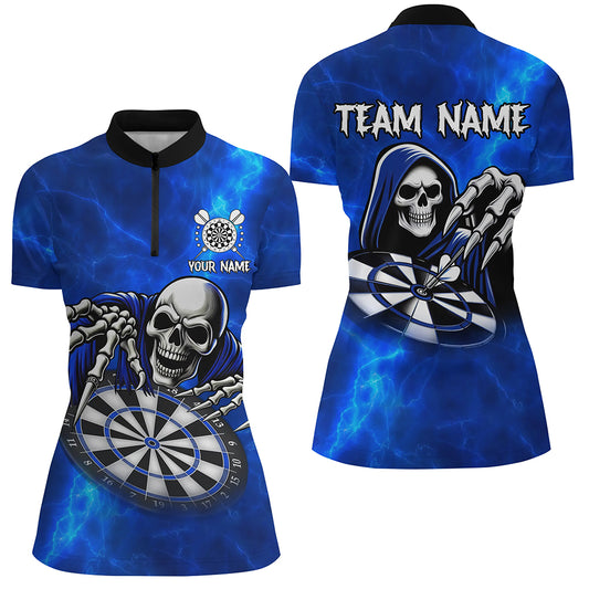 Grim Reaper Custom Blue Dart Shirts For Women, Personalized Name 3D Skull Dart Team Jerseys TDM3018