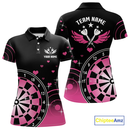 Pink And Black Darts Wings Polo & Quarter Zip Custom Darts Shirt For Women, Valentine Darts Gifts TDM5765