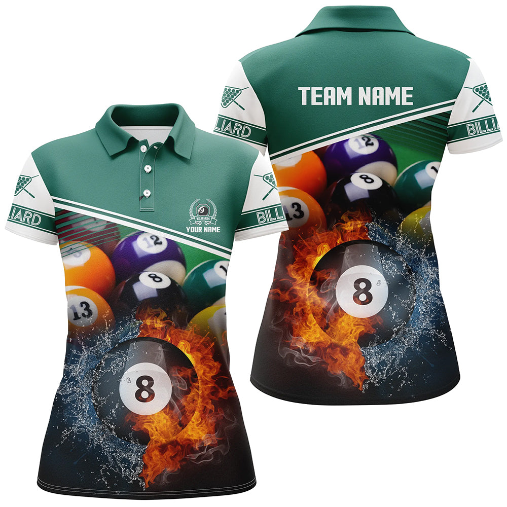 Custom Name Billiard 8 Ball In Fire And Water 3D Polo Shirts For Women, Gifts For Billiard Player TDM0160