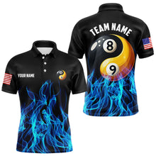 Load image into Gallery viewer, Blue Flaming Ying And Yang 8 Ball & 9 Ball Billiard Shirts For Men Custom Pool Billiard Jerseys TDM3617