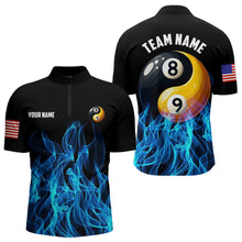 Load image into Gallery viewer, Blue Flaming Ying And Yang 8 Ball & 9 Ball Billiard Shirts For Men Custom Pool Billiard Jerseys TDM3617