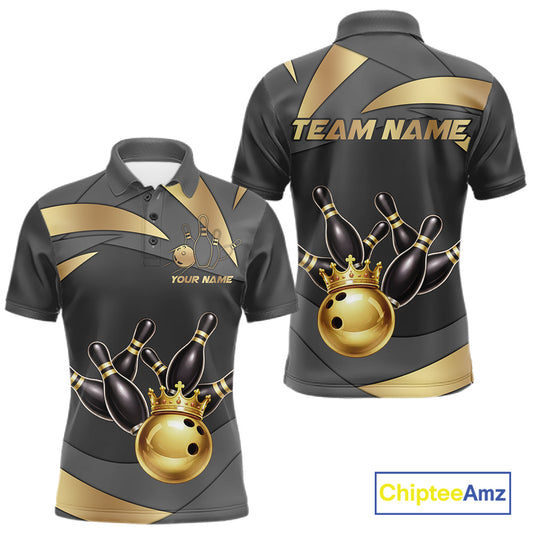 Black And Gold Bowling Shirt For Men Custom Crown Bowling Jersey, Bowling League Polo & 1/4 Zip TDM6379