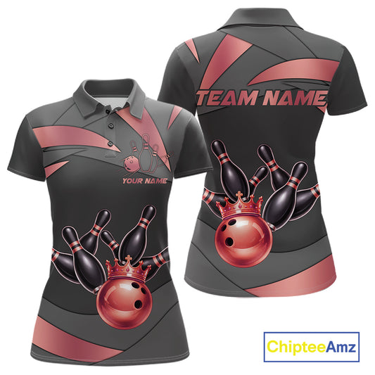 Black And Red Bowling Shirt For Women Custom Crown Bowling Jersey, Bowling League Polo & 1/4 Zip TDM6380
